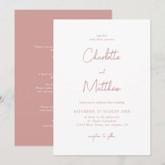 Invitation Dusty Rose Calligraphy Détails sur le Mariage arri (Devant / Derrière)
