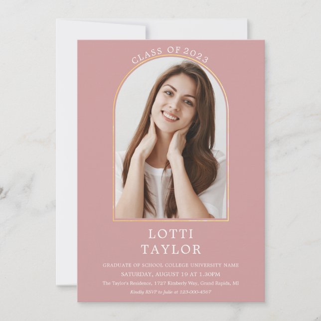 Invitation Dusty Rose Chic Gold Arch Photo Graduation Party I (Devant)