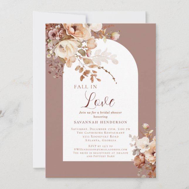 Invitation Dusty Rose Chute En Amour Fête des mariées Florale (Devant)