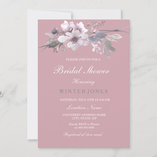 Invitation Dusty rose Élégant Floral Douche nuptiale Invitati (Devant)