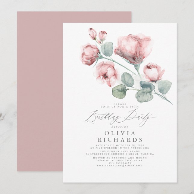 Invitation Dusty rose Élégant Romantique Floral Anniversaire (Devant / Derrière)
