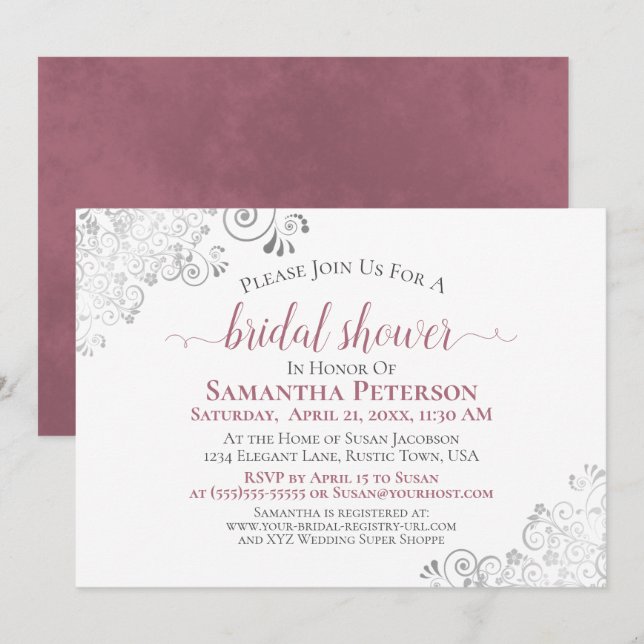 Invitation Dusty Rose Élégante dentelle argentée Fête des mar (Devant / Derrière)