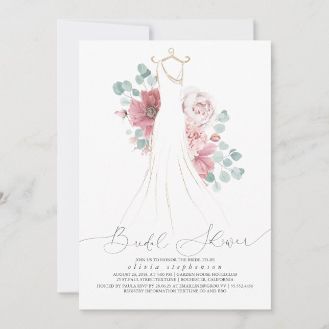 Invitation Dusty Rose Élégante robe de mariage Fête des marié (Devant)