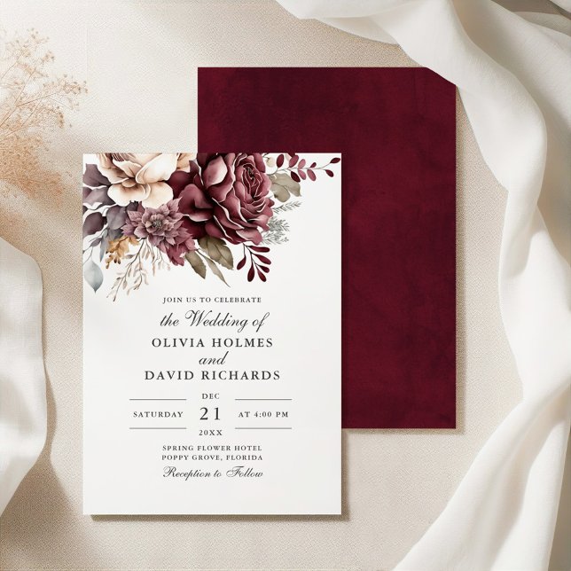 Invitation Dusty Rose et Burgundy Floral Boho Mariage (Dusty Rose and Burgundy Floral Boho Wedding Invitation on a silk tablecloth.)
