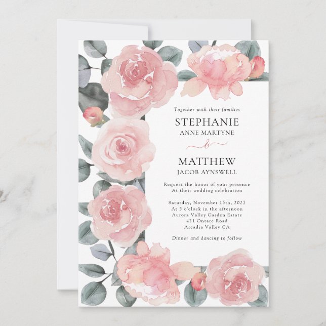 Invitation Dusty Rose Eucalyptus Élégant Mariage floral (Devant)