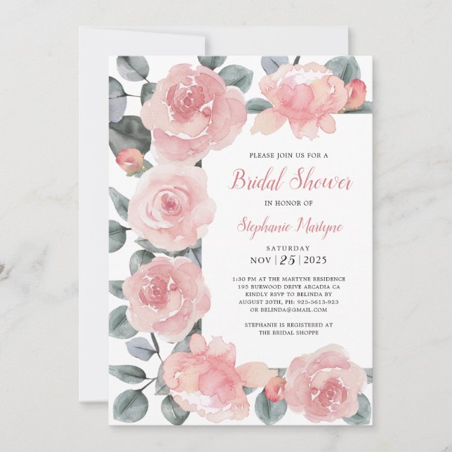 Invitation Dusty Rose Eucalyptus Élégante Fête des mariées fl (Devant)