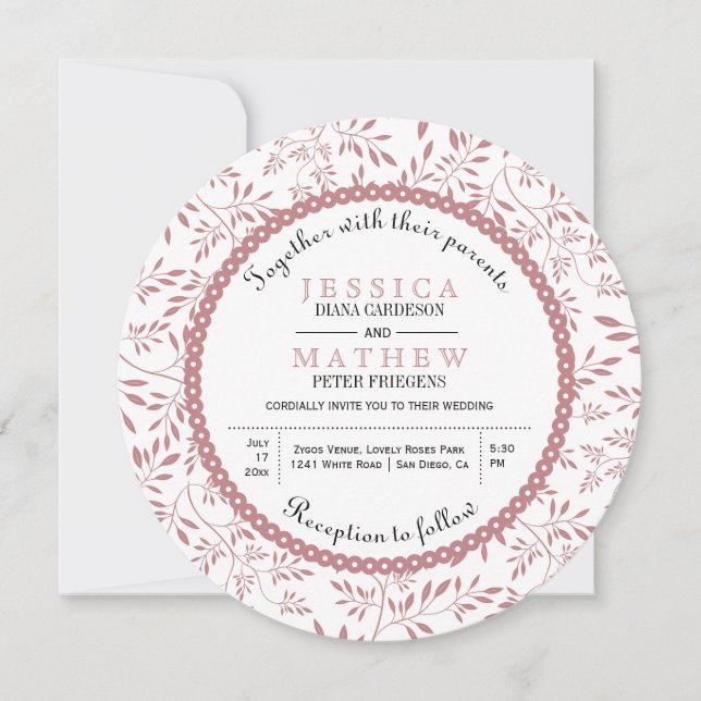 Invitation Dusty rose feuille motif moderne mariage fleuri (Devant)