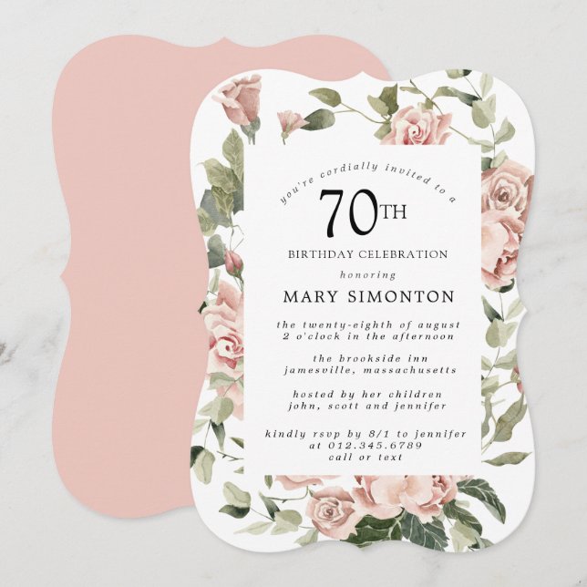 Invitation Dusty Rose Floral 70e anniversaire de fête Invitat (Devant / Derrière)