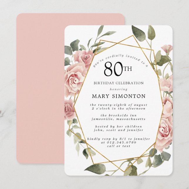 Invitation Dusty Rose Floral 80e anniversaire de fête Invitat (Devant / Derrière)
