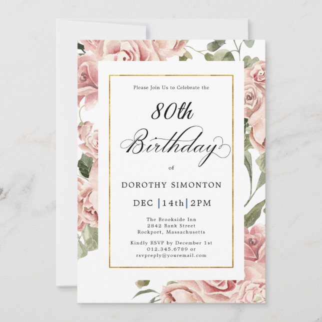 Invitation Dusty Rose Floral 80e fête d'anniversaire (Devant)