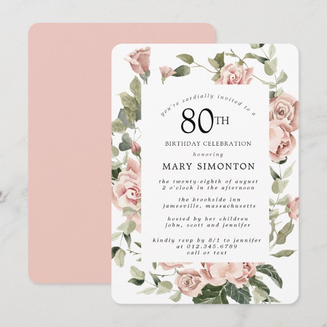 Invitation Dusty Rose Floral 80e fête d'anniversaire (Devant / Derrière)