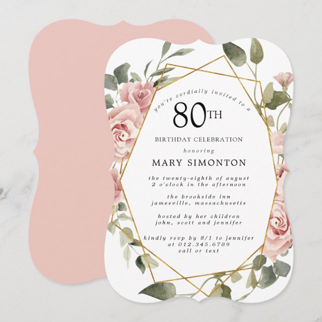 Invitation Dusty Rose Floral 80e fête d'anniversaire (Devant / Derrière)