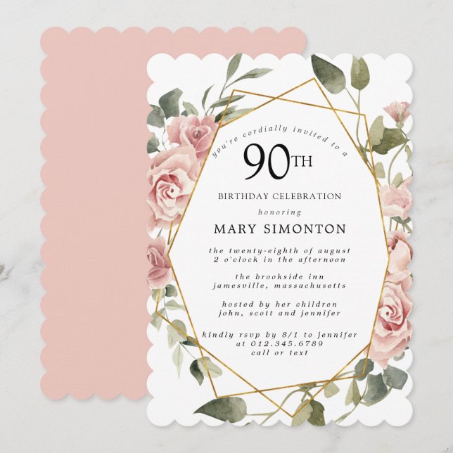 Invitation Dusty Rose Floral 90e fête d'anniversaire (Devant / Derrière)