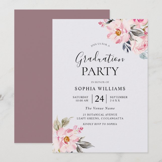 Invitation Dusty Rose Floral Blush Pink Graduation Party (Devant / Derrière)
