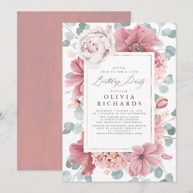 Invitation Dusty rose floral botanique élégant anniversaire (Devant / Derrière)