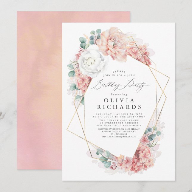 Invitation Dusty rose floral botanique Élégant Anniversaire I (Devant / Derrière)