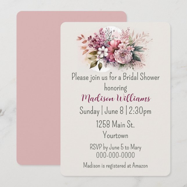 Invitation Dusty Rose Floral Bouquet Fête des mariées (Devant / Derrière)