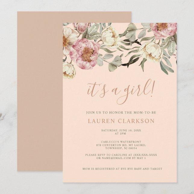 Invitation Dusty rose floral C'est un Baby shower fille (Devant / Derrière)