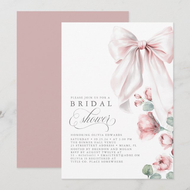 Invitation Dusty Rose Floral Elegant Bow Fête des mariées (Devant / Derrière)