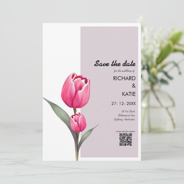 Invitation Dusty rose Floral élégant code Qr enregistrer la d (Debout devant)