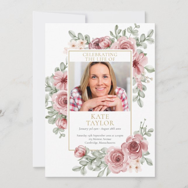 Invitation Dusty Rose Floral Funérailles Ordre de service Pro (Devant)
