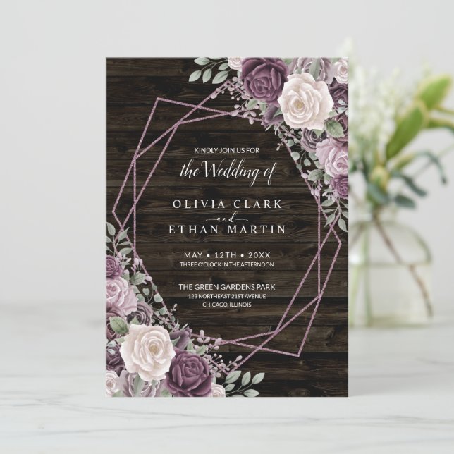 Invitation Dusty Rose Floral géométrique sur bois foncé (Debout devant)