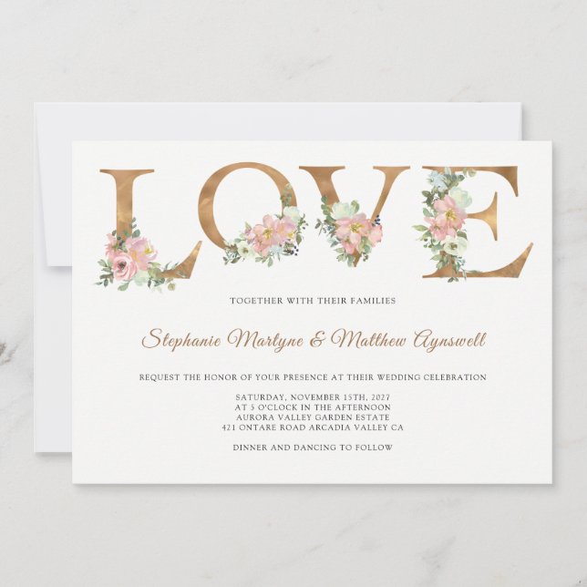 Invitation Dusty rose Floral Gold Love Mariage botanique (Devant)