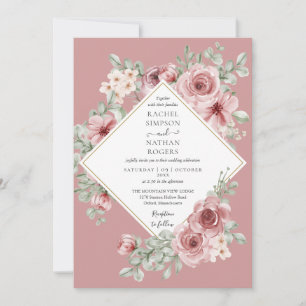 Invitation Dusty Rose Floral Gold Mariage géométrique