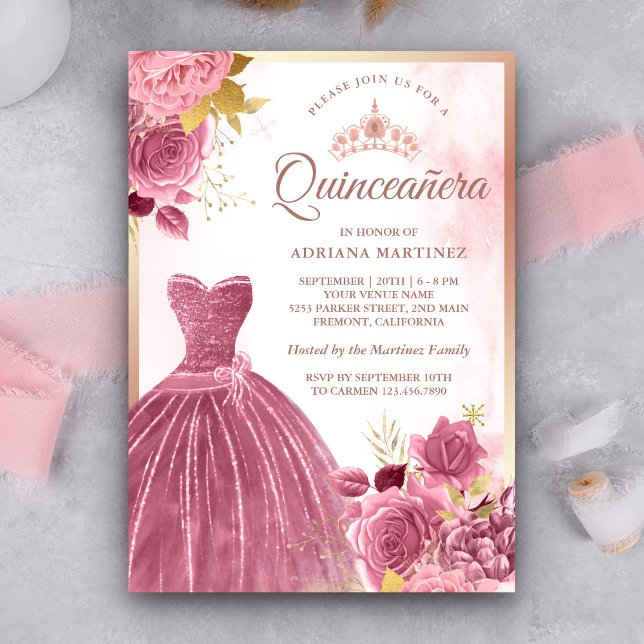 Invitation Dusty rose Floral Gown Rose or Quinceanera (Créateur téléchargé)