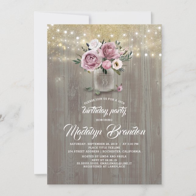 Invitation Dusty Rose Floral Mason Jar Anniversaire rustique (Devant)