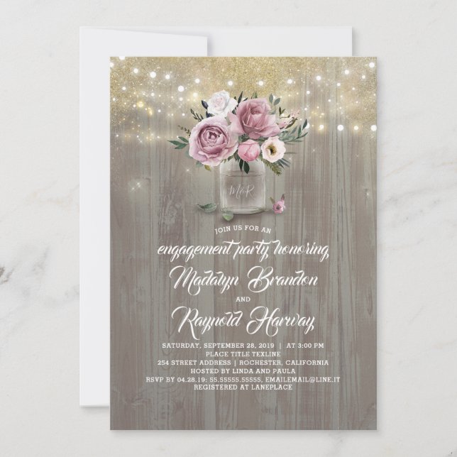 Invitation Dusty Rose Floral Mason Jar Rustic Fiançailles (Devant)