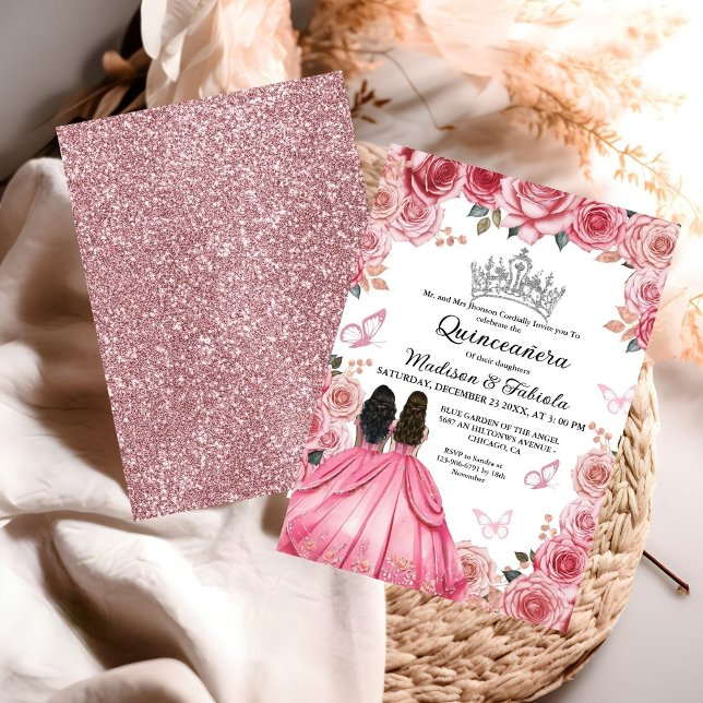 Invitation Dusty rose floral papillon Twin Girl Quinceanera (Créateur téléchargé)