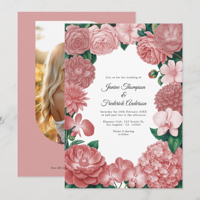Invitation Dusty Rose Floral Photo and QR Code Wedding (Devant / Derrière)