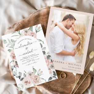 Invitation Dusty rose Floral Photo Mariage Eucalyptus