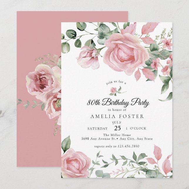 Invitation Dusty rose Floral Rose Anniversaire (Devant / Derrière)