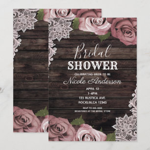 Invitation Dusty rose Floral Rose Rustic Wood Fête des mariée