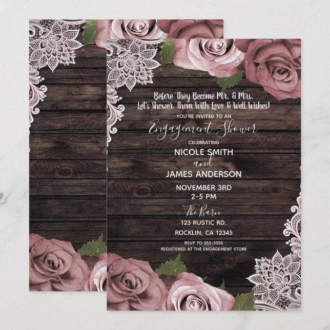 Invitation Dusty rose Floral Rose Rustic Wood Fiançailles (Devant / Derrière)