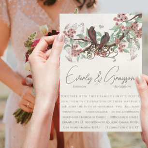 Invitation Dusty rose Floral Vintage Birds Mariage Inviter