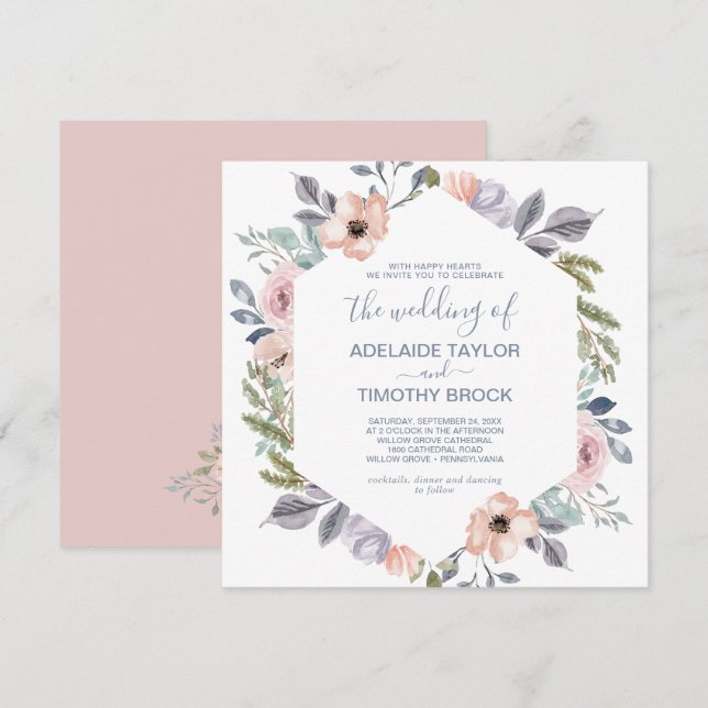 Invitation Dusty Rose Florals Carré Le Mariage de (Devant / Derrière)