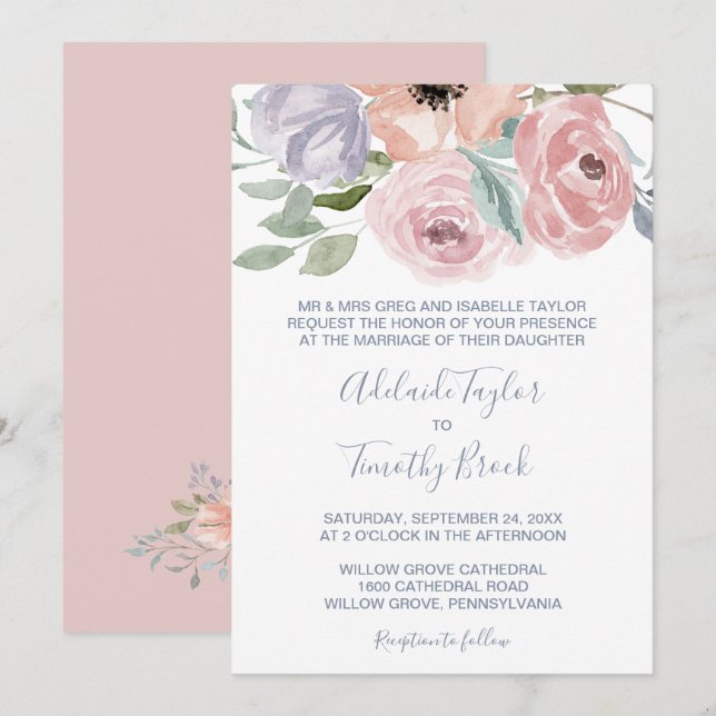 Invitation Dusty Rose Florals Mariage officiel (Devant / Derrière)