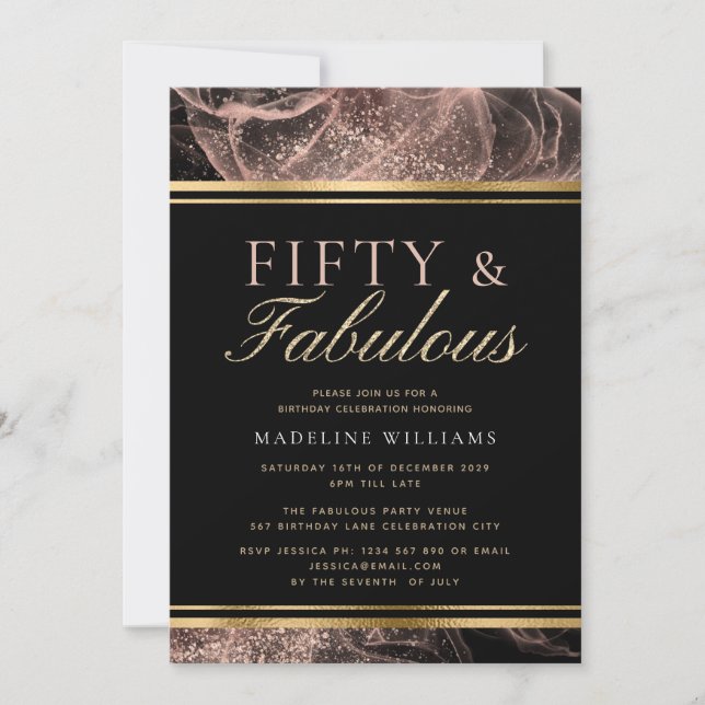 Invitation Dusty Rose Gold Black Cinquante et fabuleux annive (Devant)
