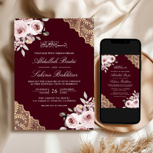 Invitation Dusty Rose Gold QR Code Bourgogne Mariage musulman