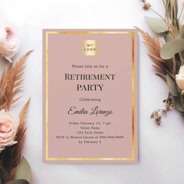 Invitation Dusty rose gold retirement party business logo (Créateur téléchargé)