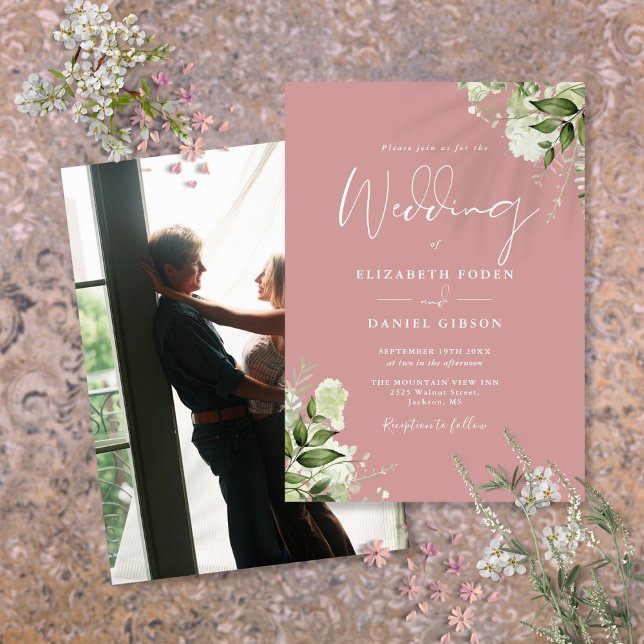 Invitation Dusty Rose Greenery Feuilles Élégant Mariage photo (Dusty Rose Greenery Leaves Elegant Photo Wedding Invitation)
