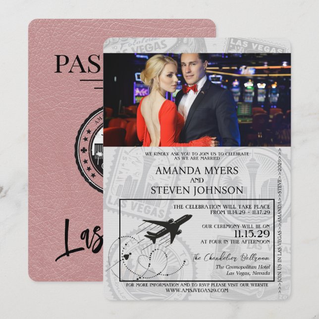 Invitation Dusty Rose Las Vegas Mariage de passeport (Devant / Derrière)