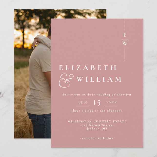 Invitation Dusty Rose Moderne Élégant Monogramme Mariage phot (Devant / Derrière)