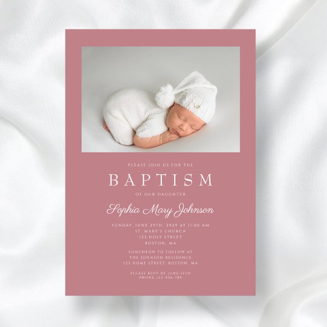 Invitation Dusty rose moderne fille photo Baptême (Dusty Pink Modern Girl Photo Baptism Invitation)