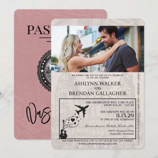 Invitation Dusty Rose Nashville Mariage de passeport (Devant / Derrière)