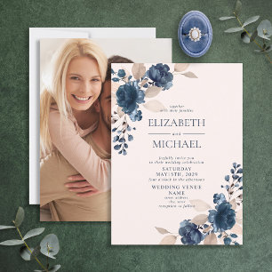 Invitation Dusty Rose Navy Blue Floral Photo Rustique Mariage