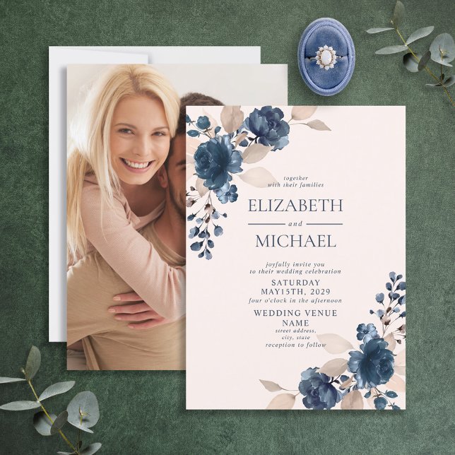 Invitation Dusty Rose Navy Blue Floral Photo Rustique Mariage (Créateur téléchargé)